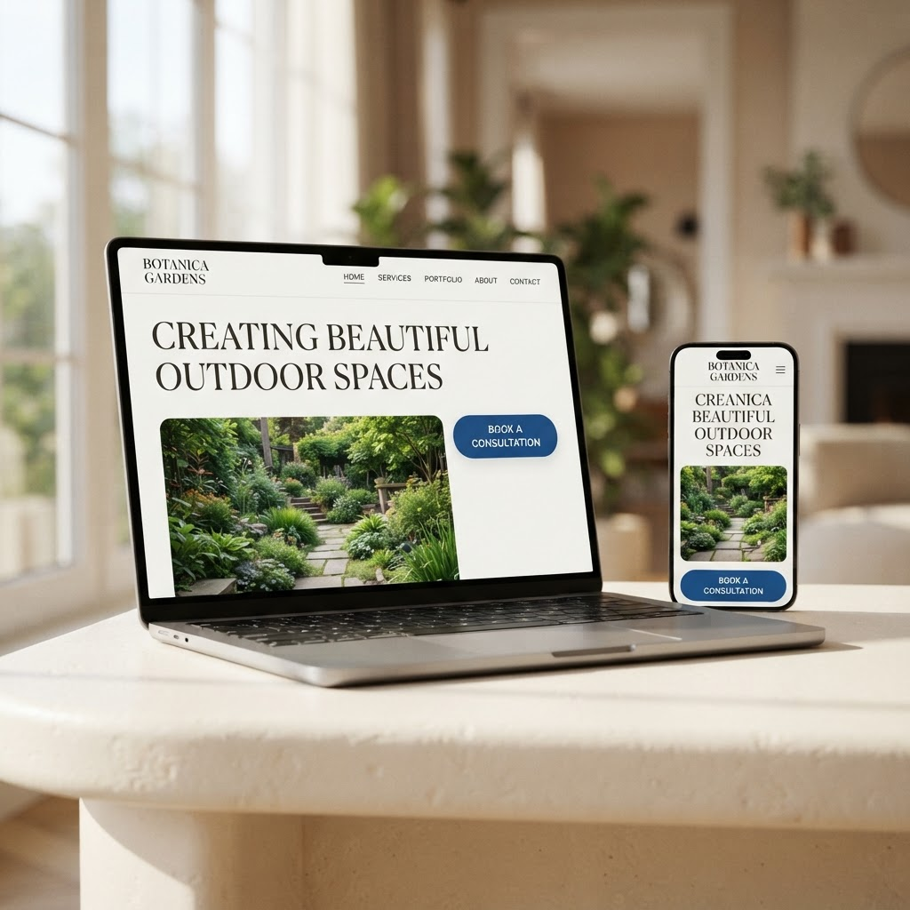 Exemplo de uma empresa apresentada numa landing page profissional em computador e telemóvel